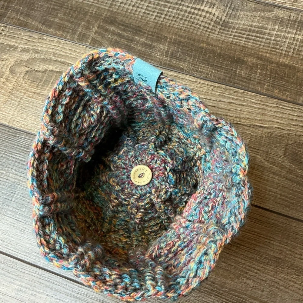 Cable Knit Crochet Beanie Hat Handcrafted With Faux Fur Pom Handmade Red Blue